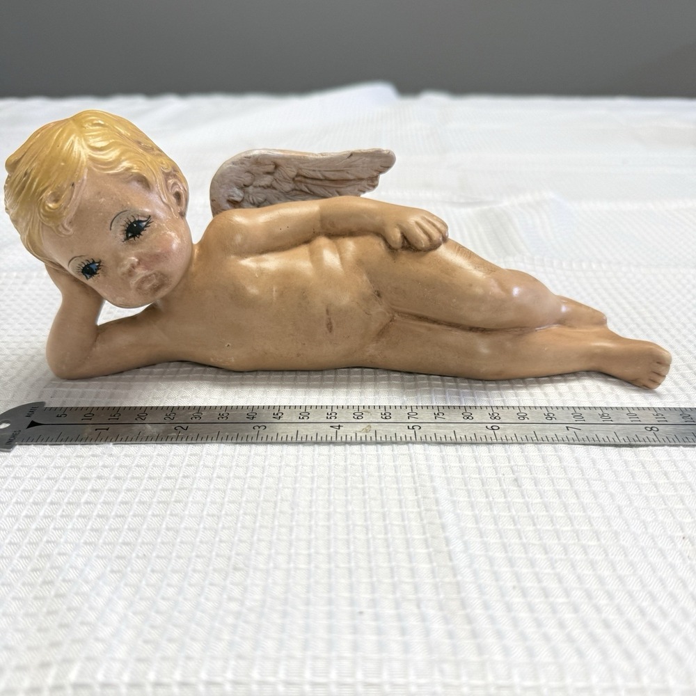 Vintage Ceramic Naked Cherub Angel Figurine Reclining Winged Baby Cupid 8" MCM